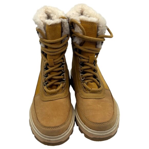 SOREL Lennox Lace Up Cozy Faux Fur Waterproof Boot 5.5 Combat Heeled Tan Cream - Picture 4 of 13